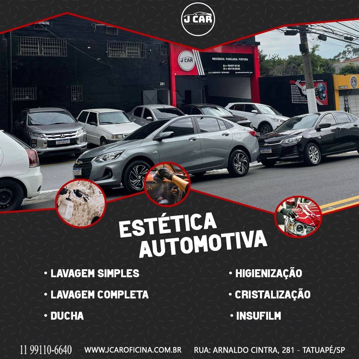 Arte de divulgação da Jcar com a fachada da oficina e a lista de serviços de estética automotiva: lavagem simples, lavagem completa, ducha, higienização, cristalização e insufilm.